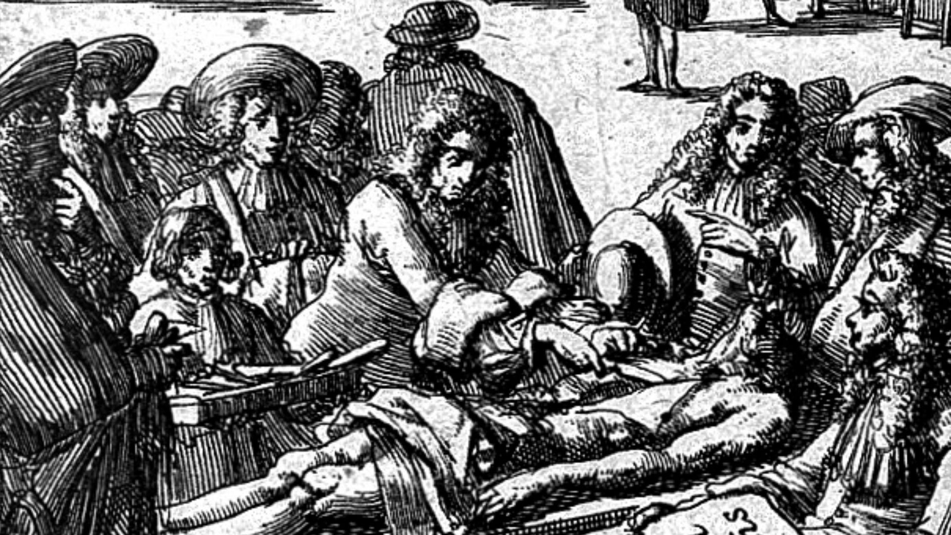 Allegorical depiction of the futility of uroscopy etc.; deceased patients being interred or dissected after uroscopy.

Rare Books
Keywords: urine, examination; Stephen Blankaart; Stephen Blankaart