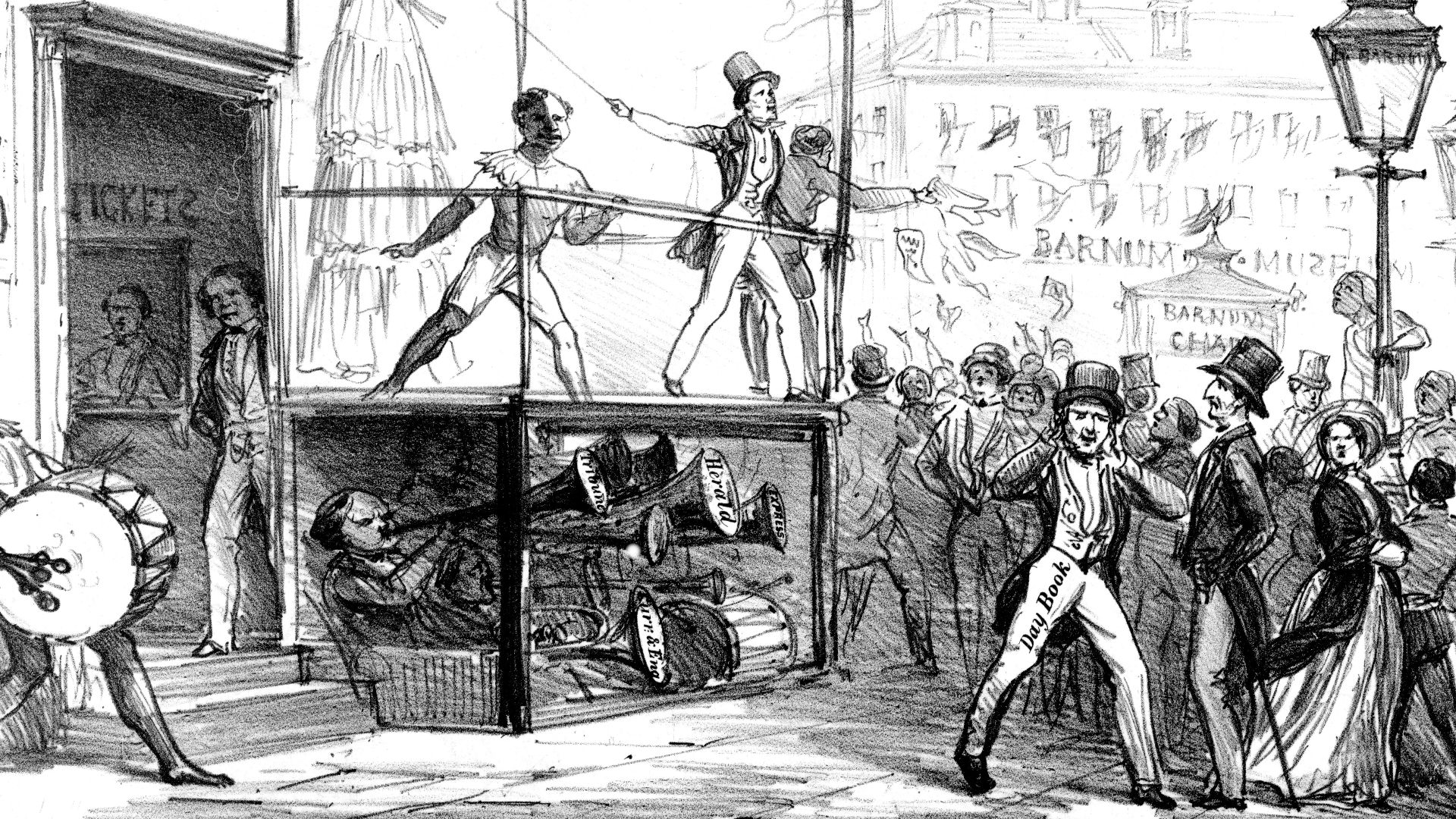 Title: Panorama of Humbug. No. 1
Abstract: The artist parodies the extravagant publicity campaign conducted by showman Phineas T. Barnum for the series of American concerts by Swedish songstress Jenny Lind, which he produced in the autumn of 1850. On a sm