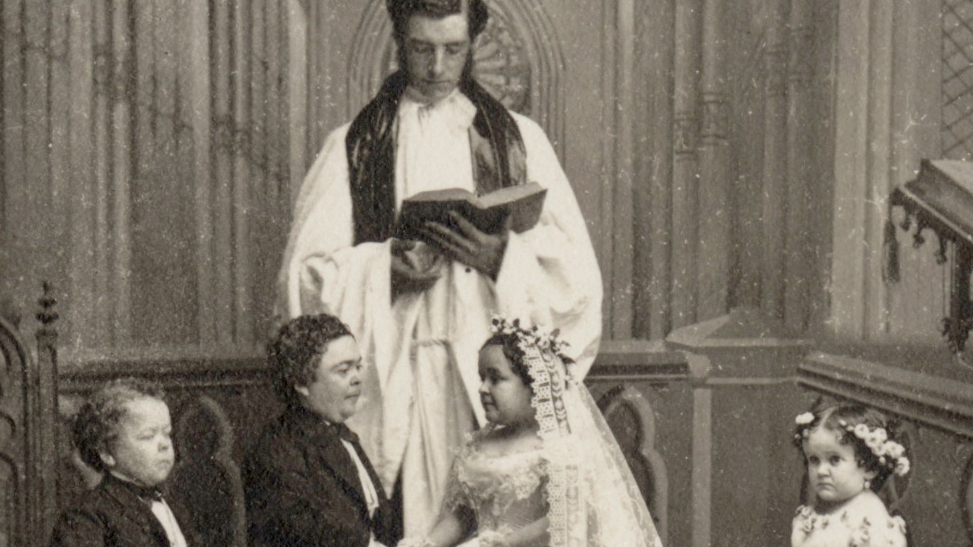 General Tom Thumb was the stage name of Charles Sherwood Stratton (1838-1883), a dwarf who achieved great fame under circus pioneer P.T. Barnum. Stratton's marriage in February, 1863, to another dwarf, Lavinia Warren, was front-page news.