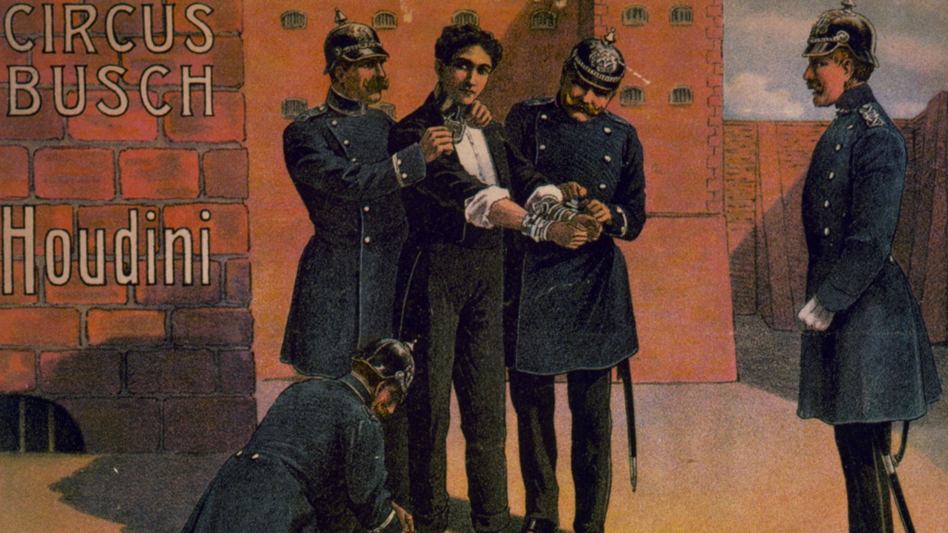 Poster showing policemen putting manacles on Harry Houdini. In 1908 Houdini was a star of the Circus Busch in Berlin. The escapologist had performed Metomorphosis with the Welsh Brothers Circus in the difficult days of his early career and maintained a ci