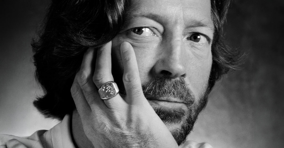 Black and white portrait of Eric Clapton