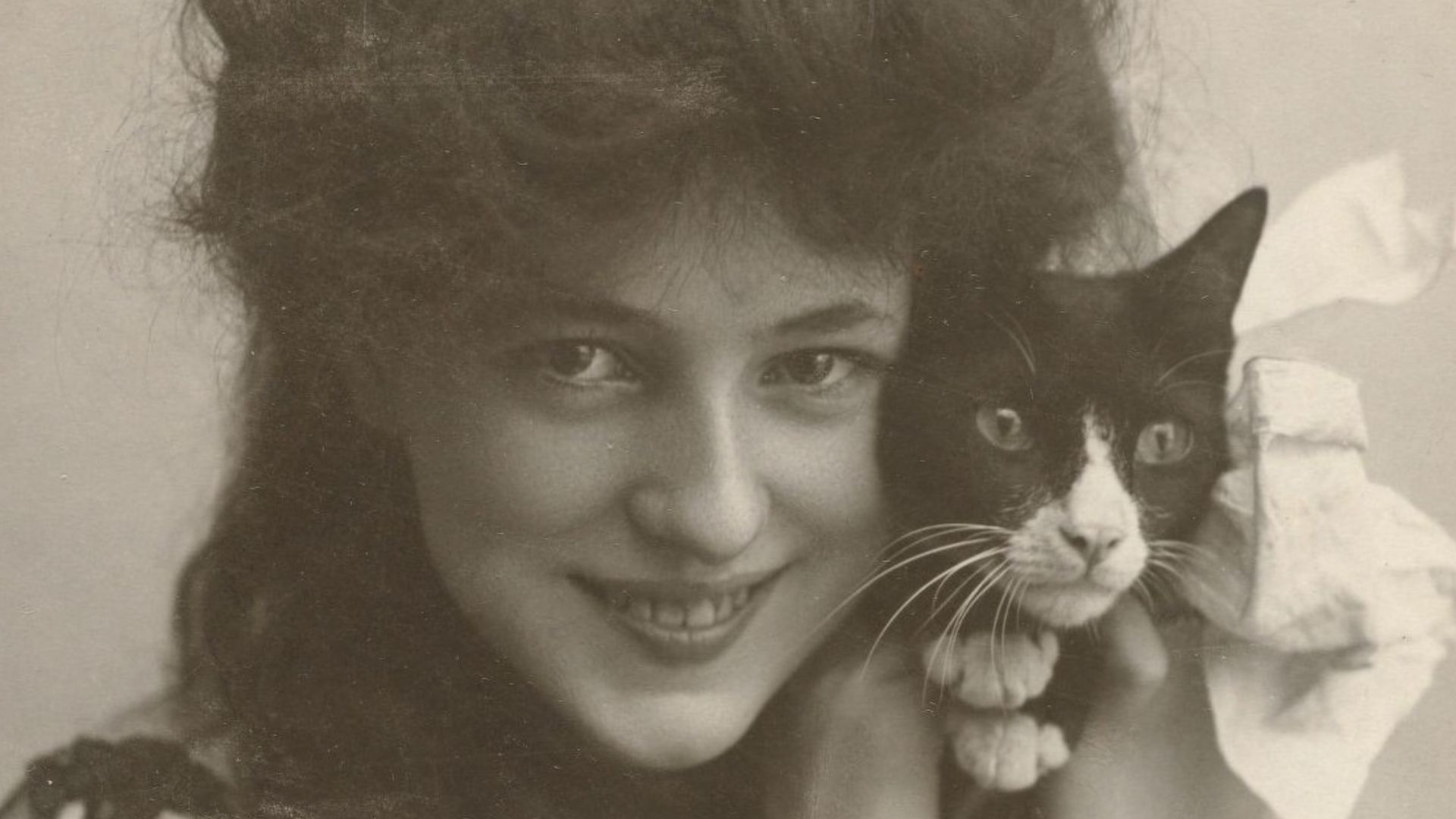 Photograph of American model and actress Evelyn Nesbit (1884–1967) holding a cat. By Otto Sarony. Labeled