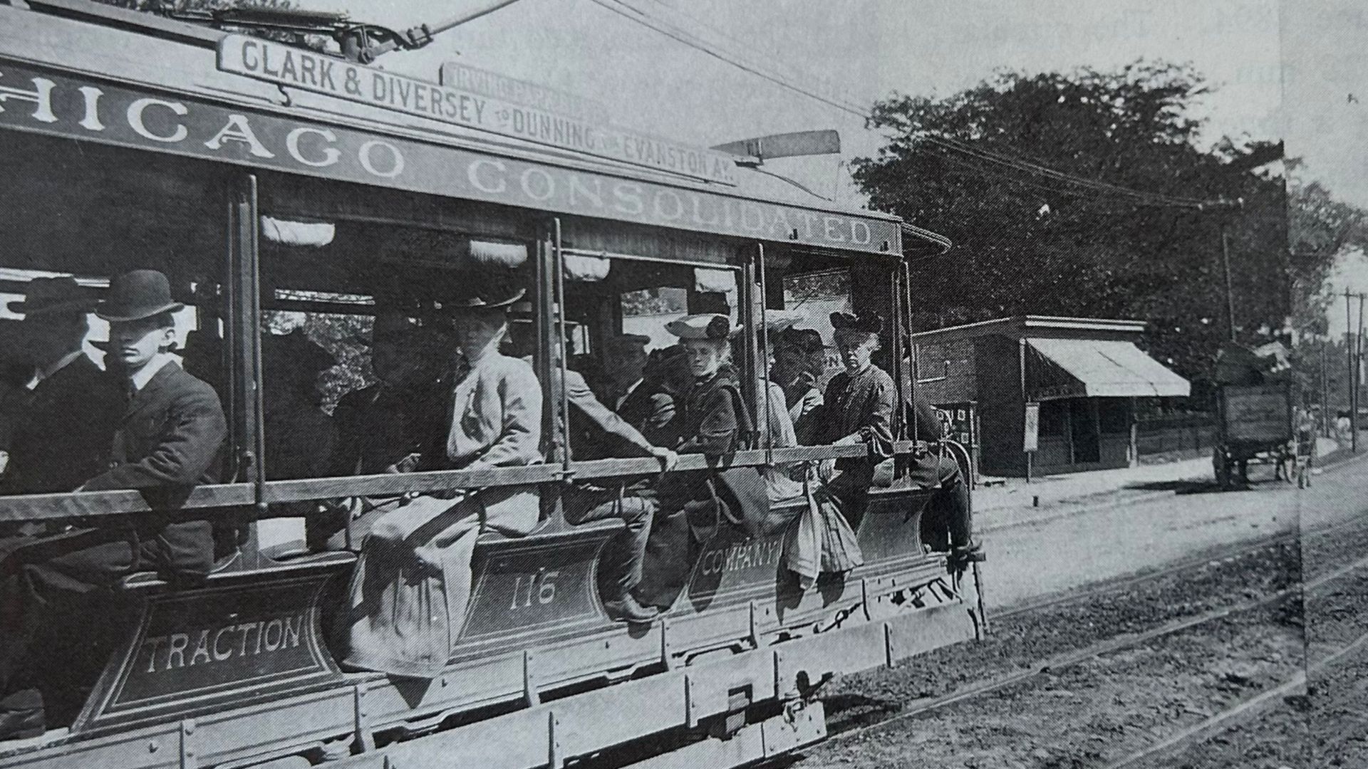 Streetcar on Clark Street, looking south at Diversey blvd. This line connected Chicagoand Lake View suburban communities. A branch ran along Irving Park Road from Evanston Ave to Dunning.