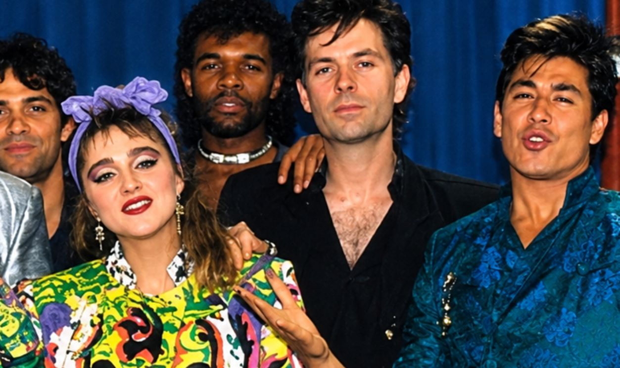 Madonna with her band during The Virgin Tour of 1985