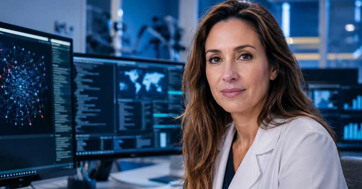 Female data scientist in lap looking at camera