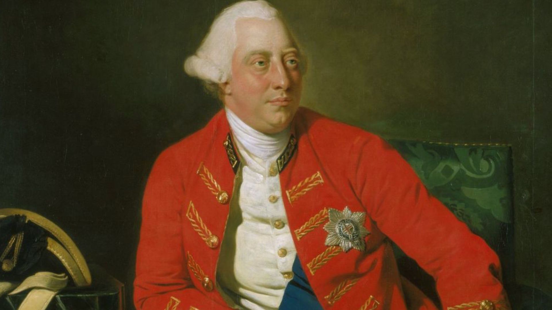 A three quarter length figure of King George III seated in a General Officer's coat with the ribbons and star of the Garter, wearing the Garter around his leg; his hat and sword resting on a nearby table. Finished in 1771 it portrays the king at age 33, w