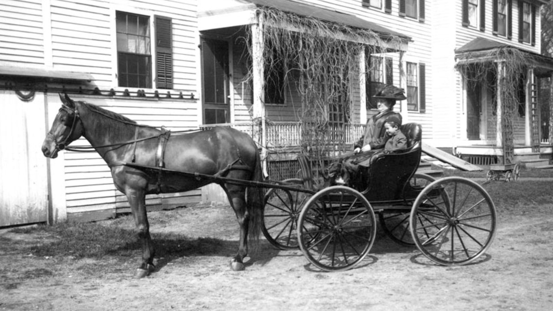 TITLE
Woman and boy in carriage
CREATOR
Whitehouse, Bion, Keene NH
SUBJECT
Carriages
DESCRIPTION
Woman and young boy in carriage with single horse in front of a large white house.
PUBLISHER
Keene Public Library and the Historical Society of Cheshire Count
