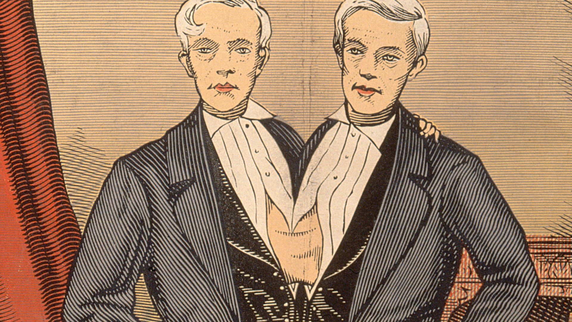 Chang and Eng, the Siamese twins, in evening dress. Colour wood engraving by H.S. Miller.

Iconographic Collections
Keywords: bunker, chang and eng 1811-74; Chang and Eng Bunker; SIAMESE; Hugh S. Miller; Twins; ic