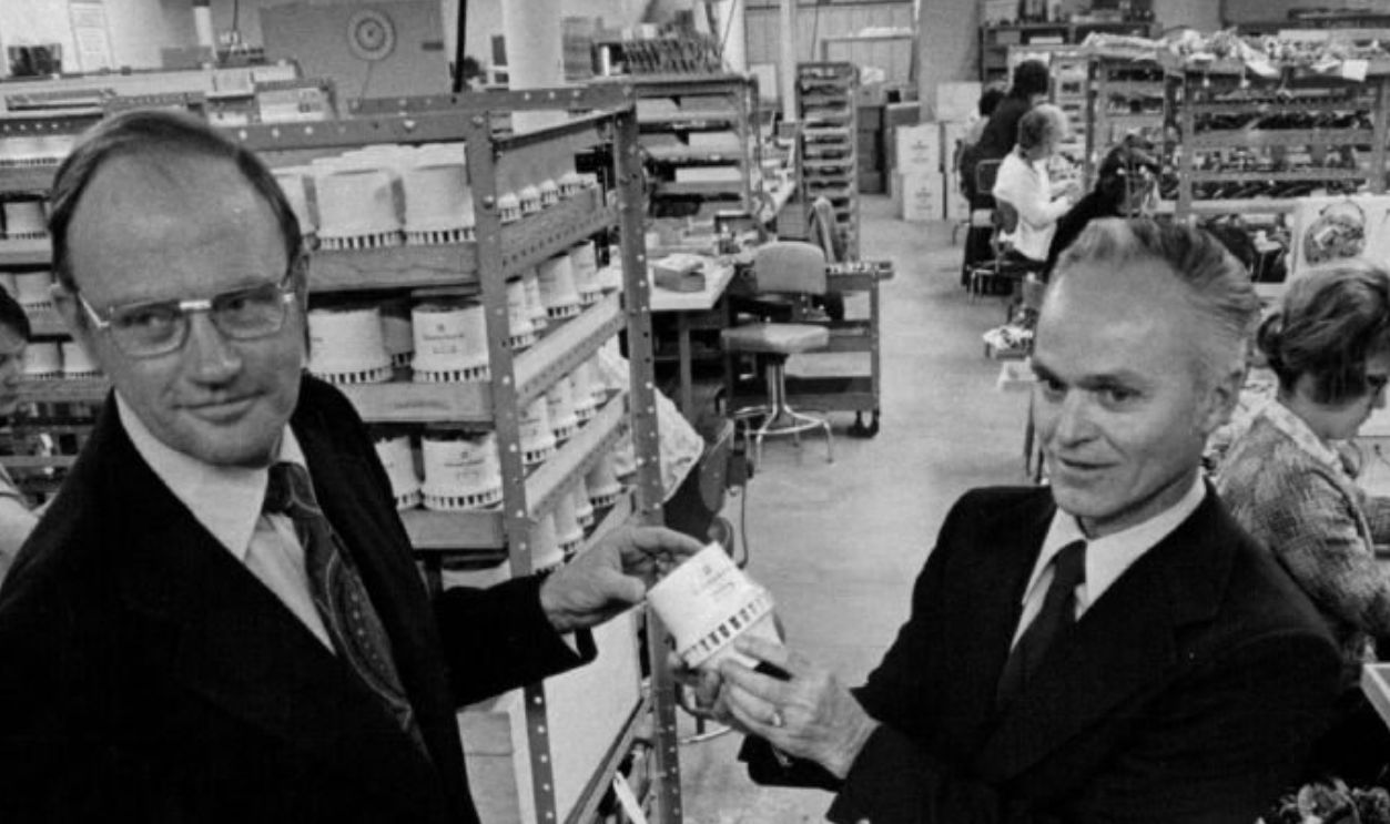 FEB 7 1973, MAR 2 1973, MAR 4 1973 LAKEWOOD FACTORY TURNS OUT LIFE-SAVING SMOKE DETECTORS Kenneth M. Klapmeier, left, national sales manager of Statitrol Corp., Duane Pearsall, president, are shown in busy work area of their plant, to be tripled in size. Credit: Denver Post