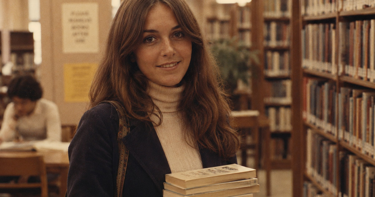 Vintage photo of a woman in a book store
