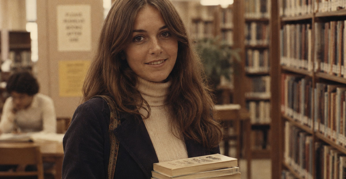 Vintage photo of a woman in a book store