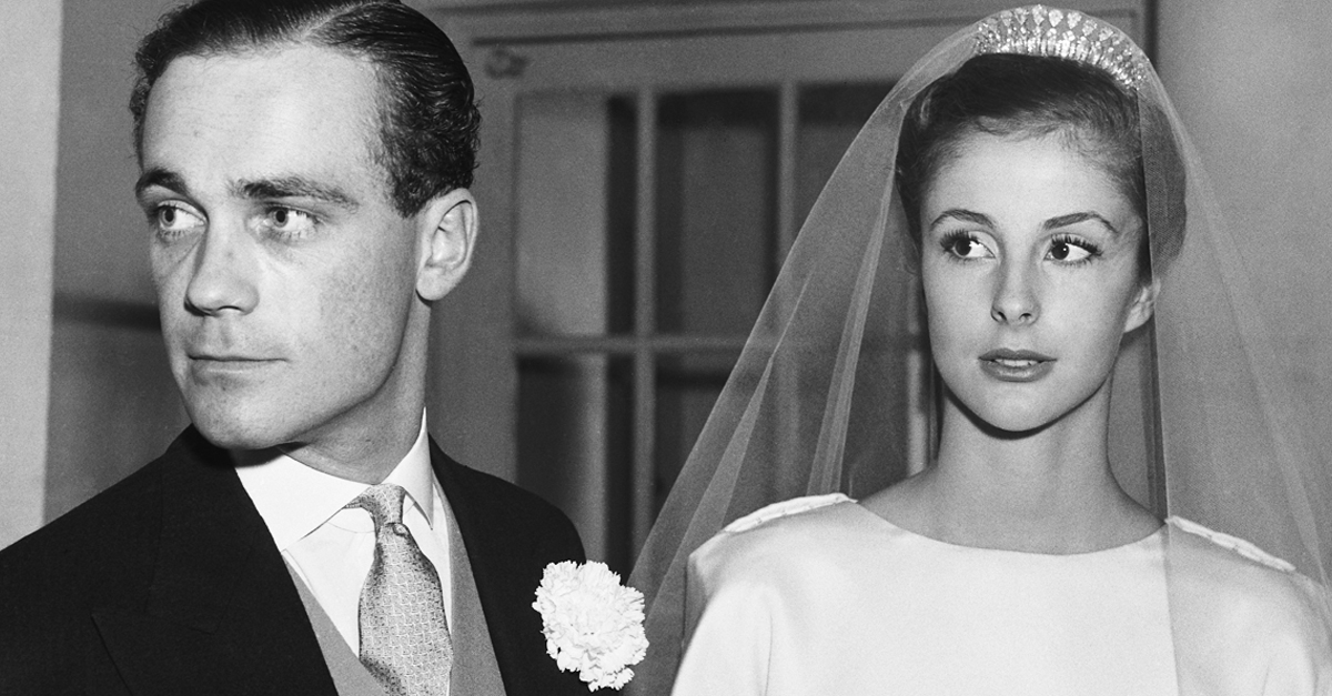 Patrick Guinness and his wife, socialite Dolores Guinness (née Baroness Dolores Maria von Fürstenberg-Herdringen) on their wedding day, Paris, France, October 22nd 1955.