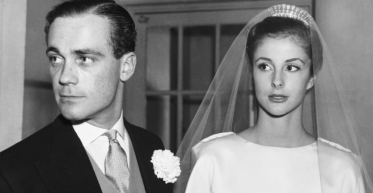 Patrick Guinness and his wife, socialite Dolores Guinness (née Baroness Dolores Maria von Fürstenberg-Herdringen) on their wedding day, Paris, France, October 22nd 1955. 