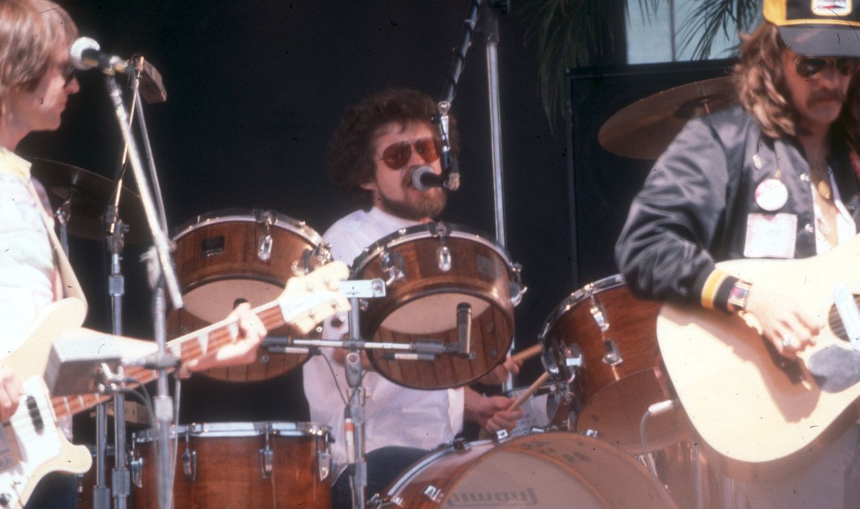 Randy Meisner, Don Henley and Glenn Frey of the rock band "Eagles" performing onstage in 1976 in Los Angeles.