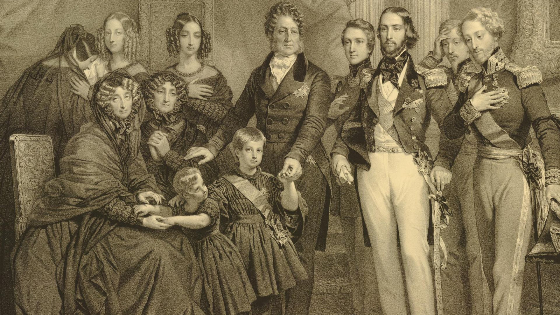 Portrait of Louis Philippe and his family in mourning after the death of Prince Ferdinand Philippe, duke of Orléans, in 1842; the figures are seen whole length in an interior; Louis Philippe stands at centre, holding the hand of his grandson Prince Philip