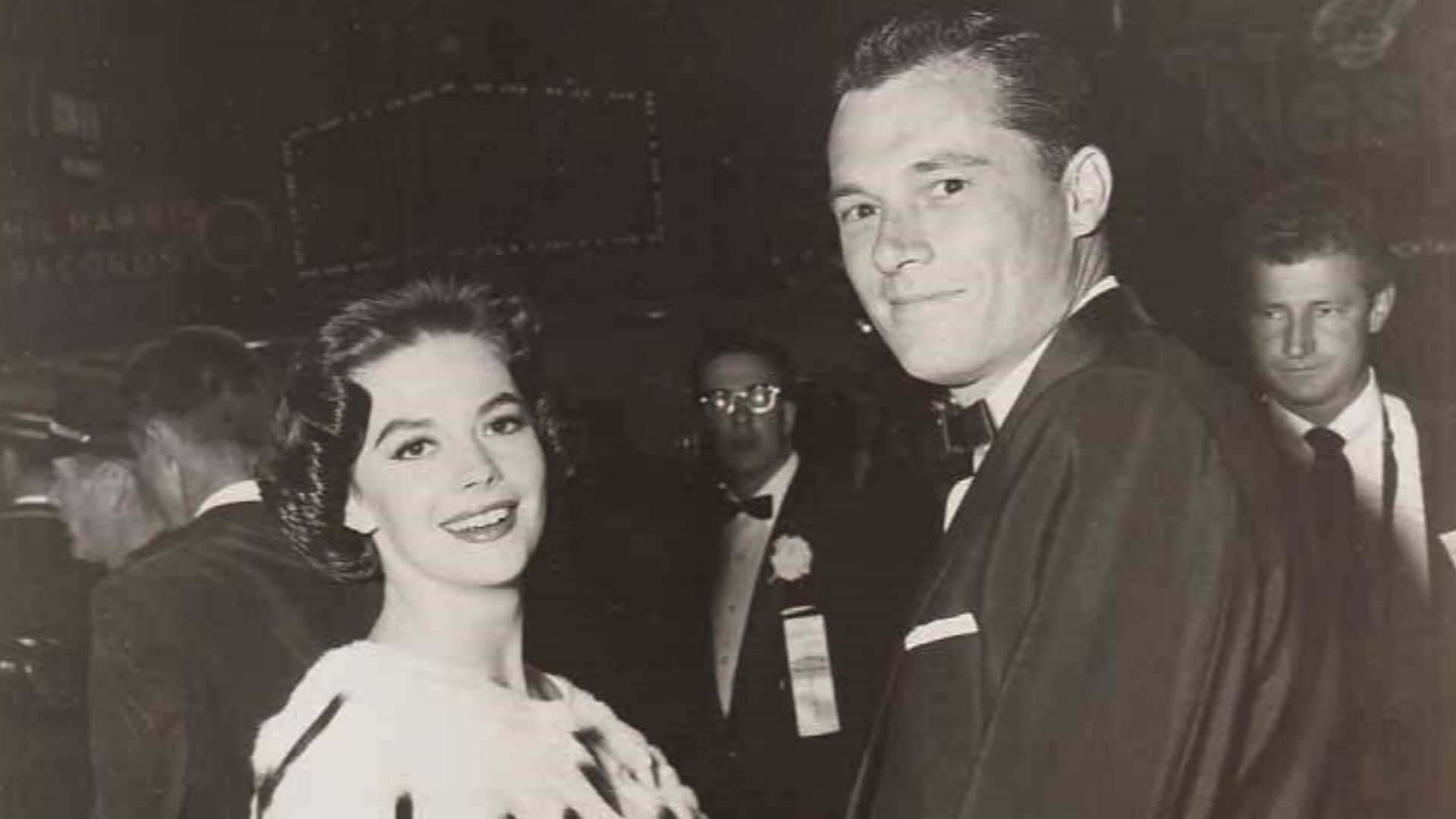 Natalie Wood and Nicky Hilton Jr. at the Spirit of St. Louis film premiere, 1957