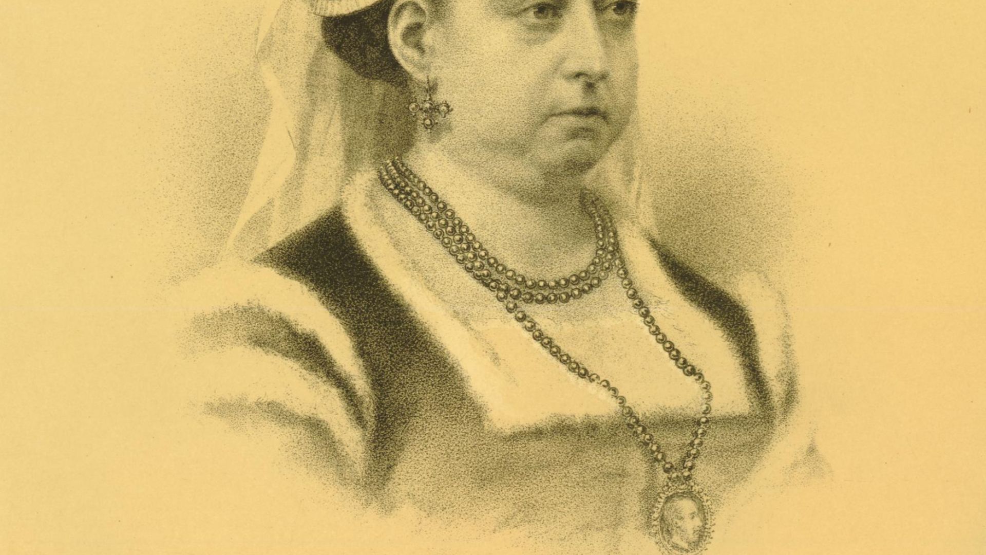 Portrait of Queen Victoria; bust length; turned to right; wearing cap trimmed with black pearls with veil and miniature portrait of Prince Albert on a long string of black pearls around neck.
Lithograph on tint stone