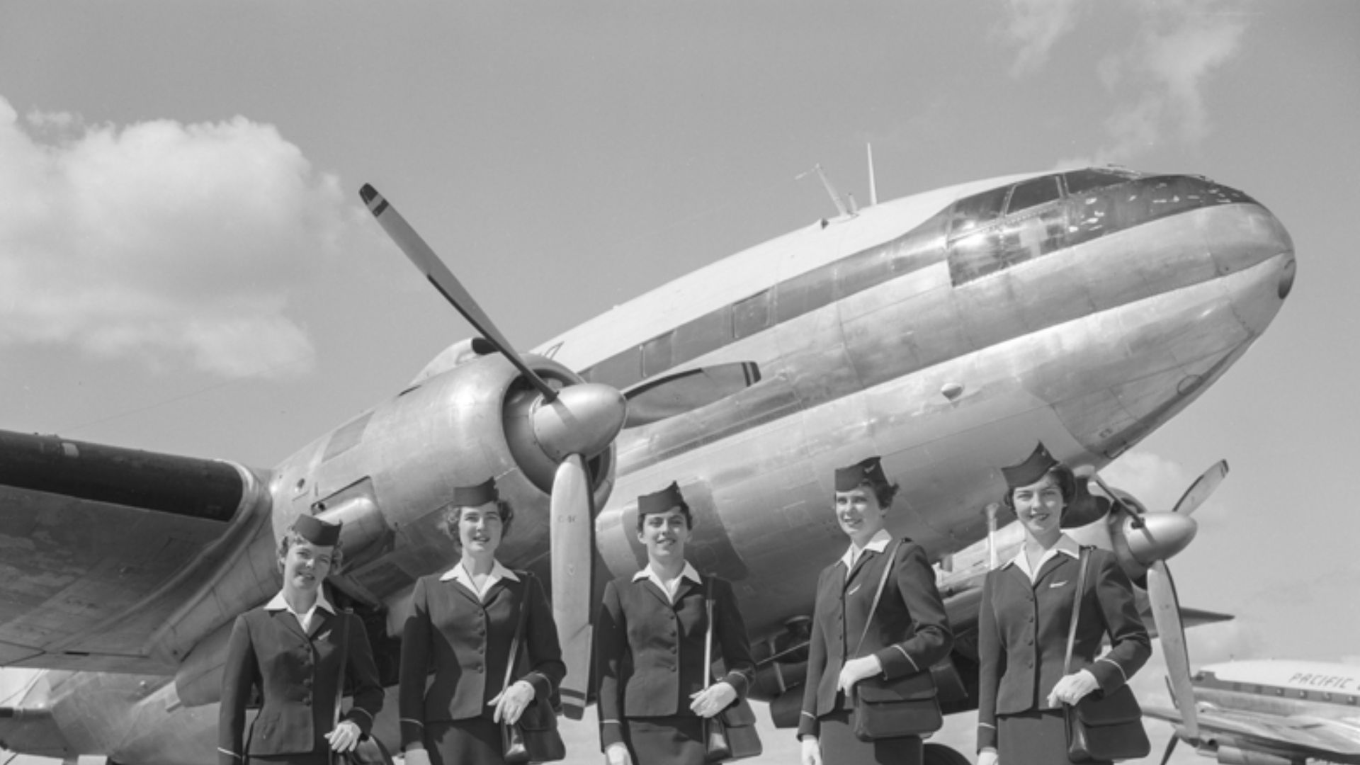 Pacific Western Airlines Ltd. flight attendants, Edmonton, Alberta, 1960 
Provincial Archives of Alberta, WS.337.

From the Wells Photographic Studios fonds.