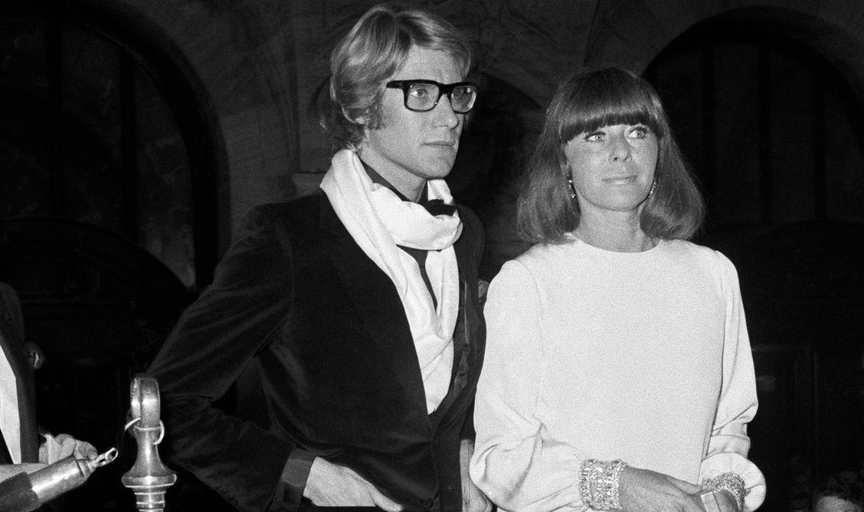 Pierre Bergé, Yves Saint Laurent and french model Bettina Graziani attend