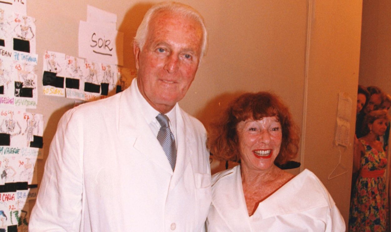 Hubert de Givenchy and Bettina Graziani attend the Farewell Givenchy Fashion Show at Grand Hotel on July 11, 1995 in Paris, France.