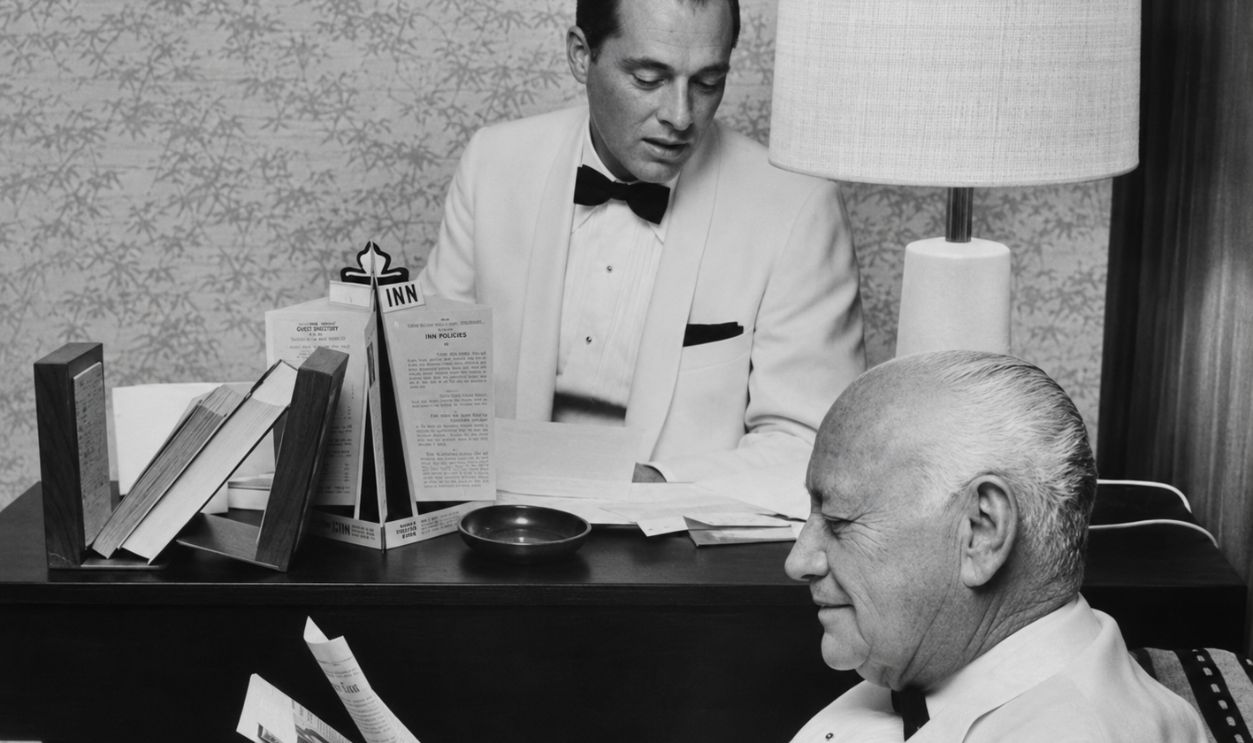Hotelier Conrad N. Hilton Sr. (R) with his son Conrad N. Hilton Jr. at the Atlanta Hilton Inn opening.