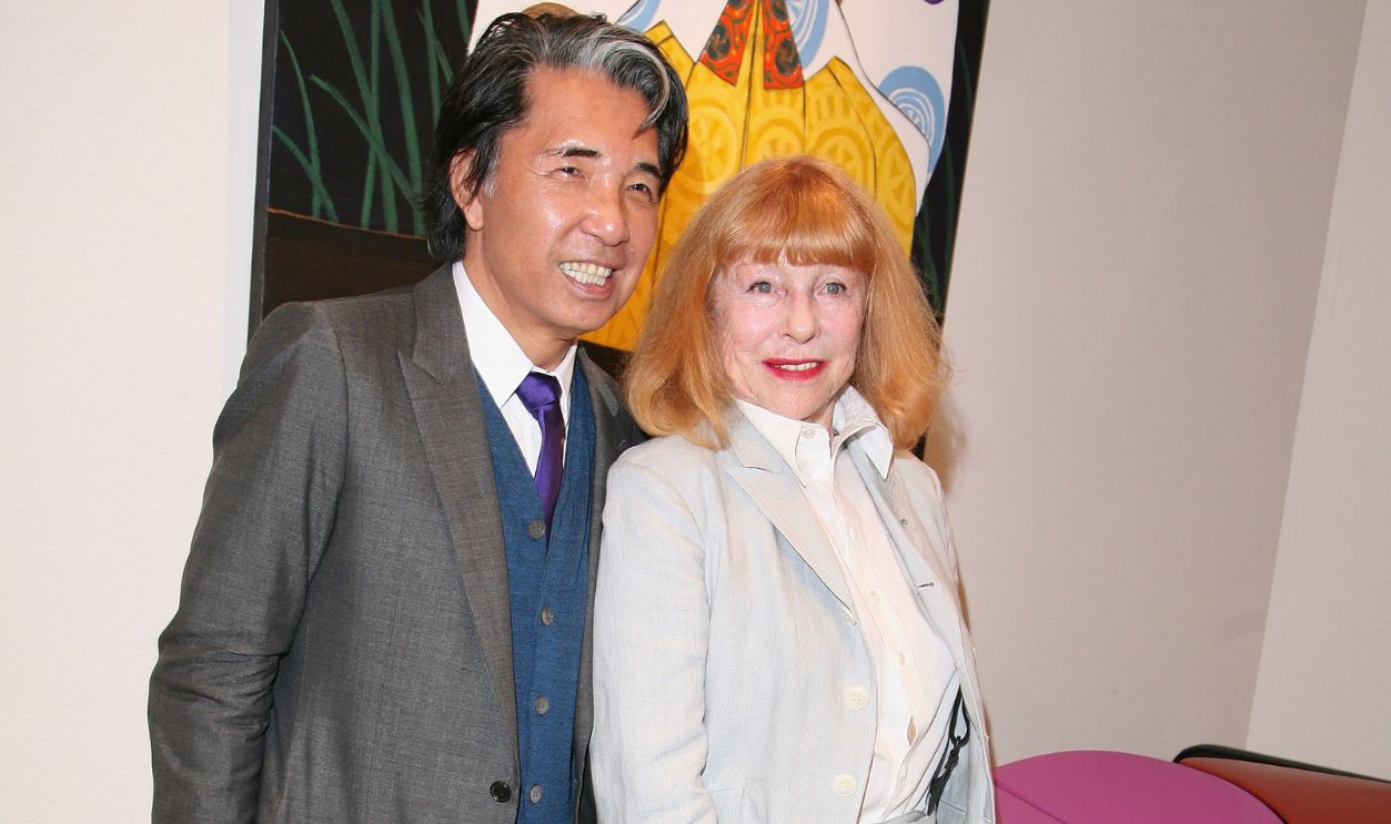 Bettina Graziani (R) and Kenzo Takada attend the Kenzo Painting exhibition launch at Studio 55 on June 16, 2010 in Paris, France.