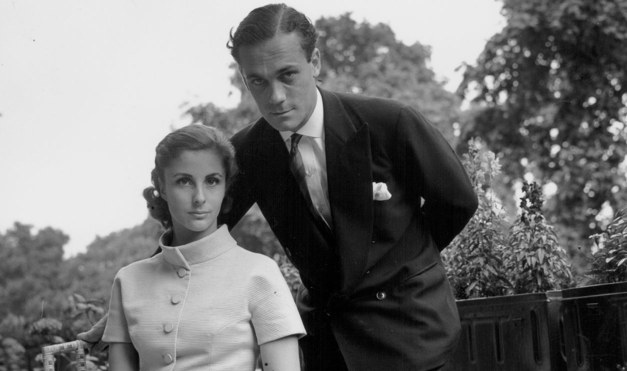 Portrait of Countess Dolores von Furstenberg and her fiance Patrick Guinness, on a veranda in London, July 6th 1955