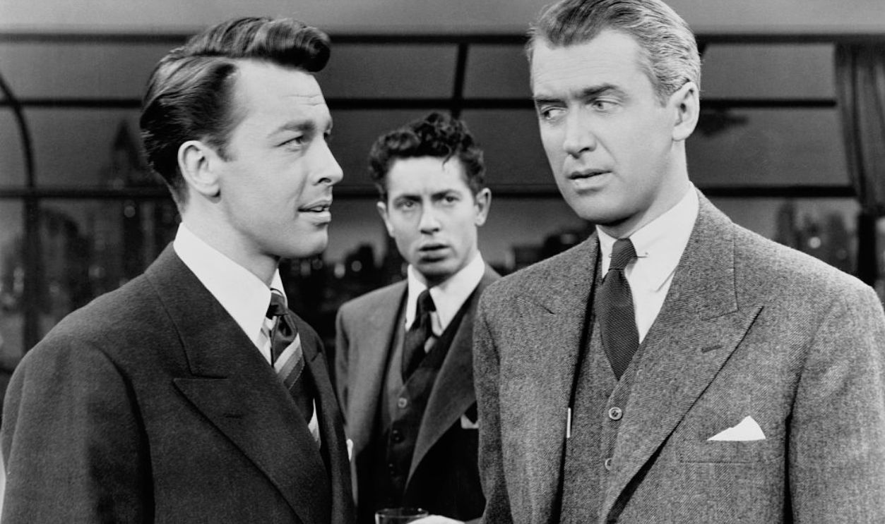 James Dall as Brandon Shaw, Farley Granger as Phillip Morgan, and James Stewart as Rupert Cadell in Alfred Hitchcock's 1948 thriller Rope.