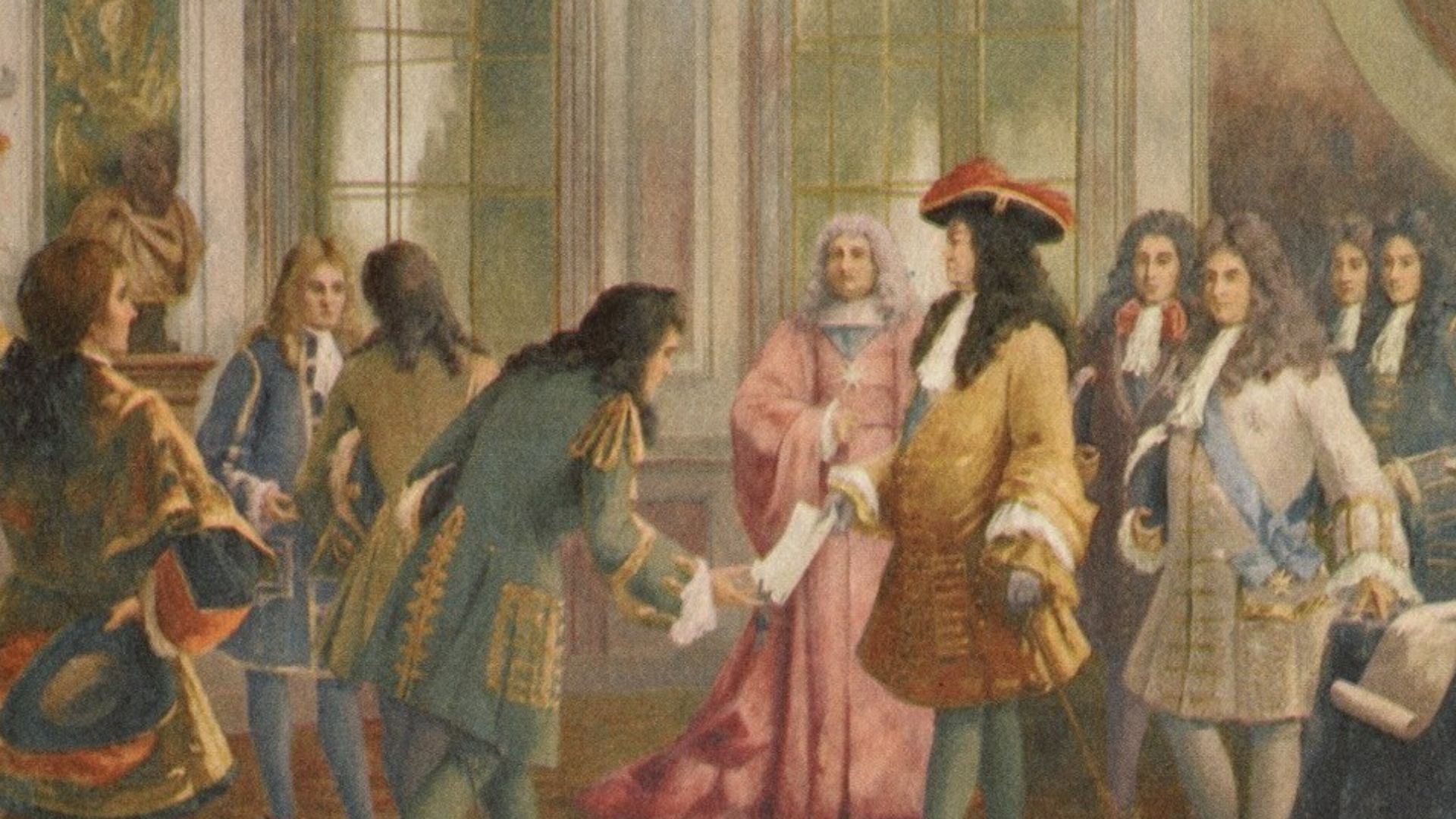 Painting depicting Cadillac receiving letters patent from representatives of King Louis XIV of France by Fernand Le Quesne.