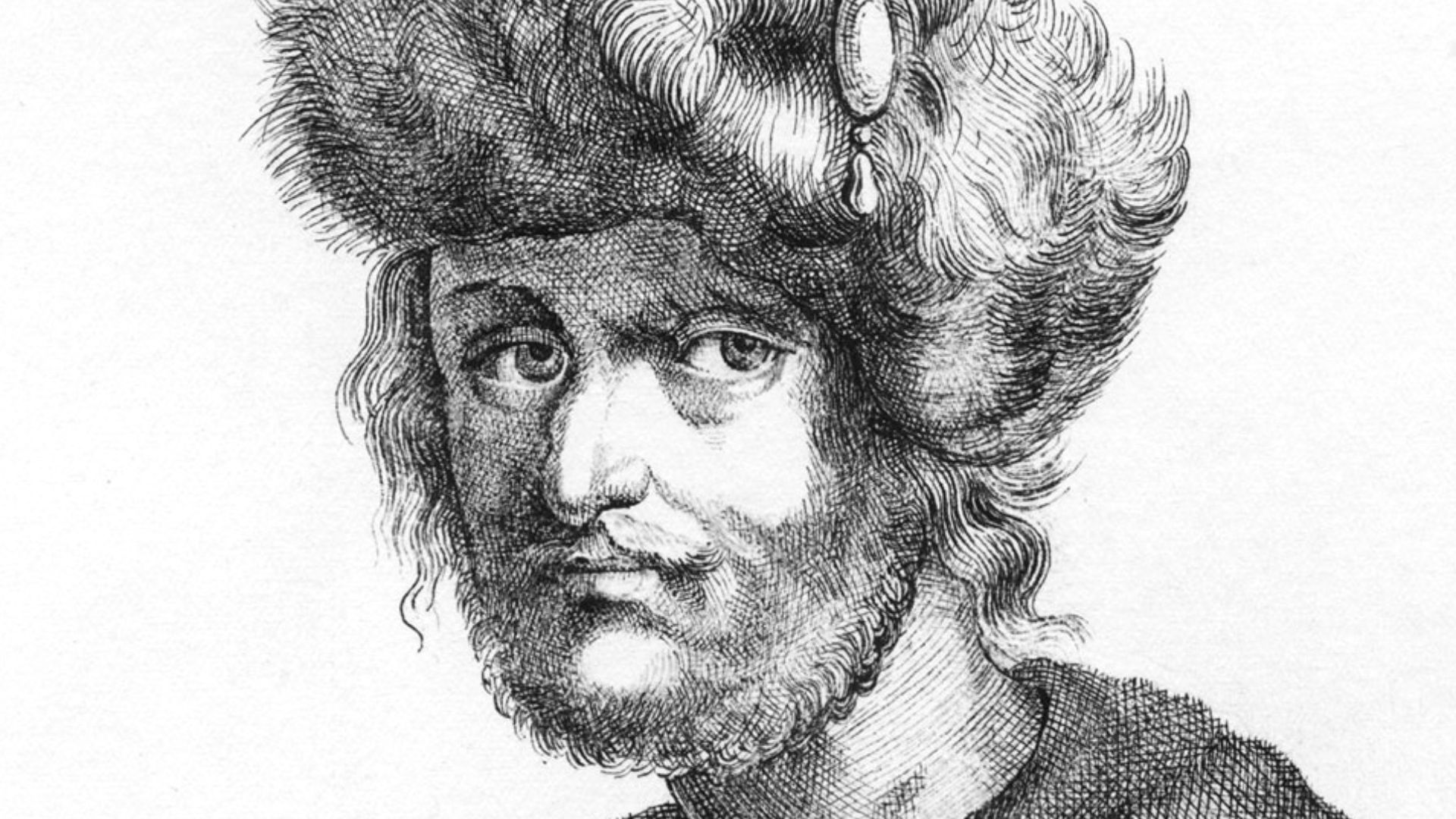A mirror image of a 17th century engraving that originally depicted Cyrus the Great, traditionally used as a portrait of False Dmitry II