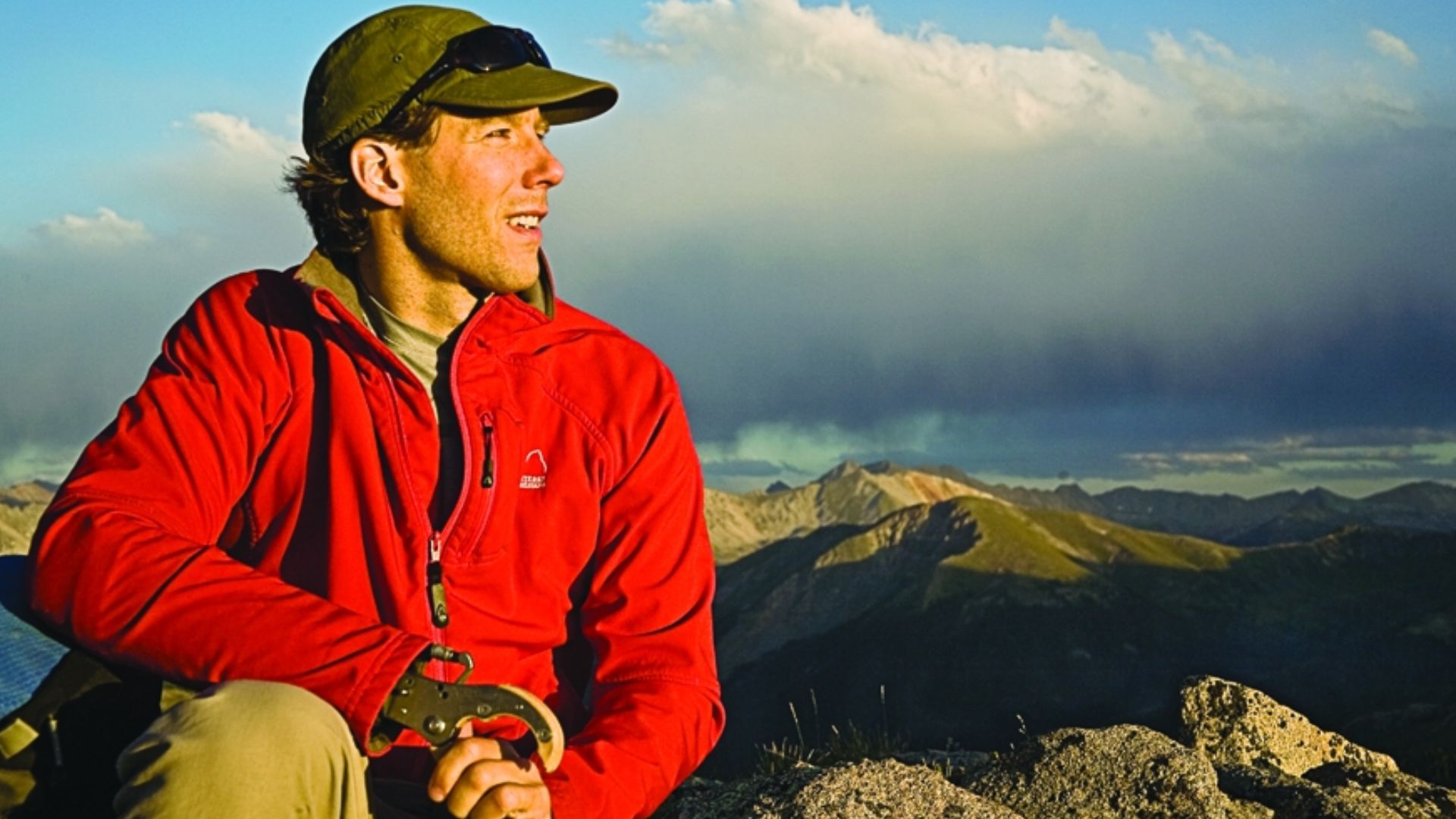 Digital photograph of Aron Ralston in a red jacket at sunset, in the mountains of Central Colorado, near Independence Pass (Aspen), CO