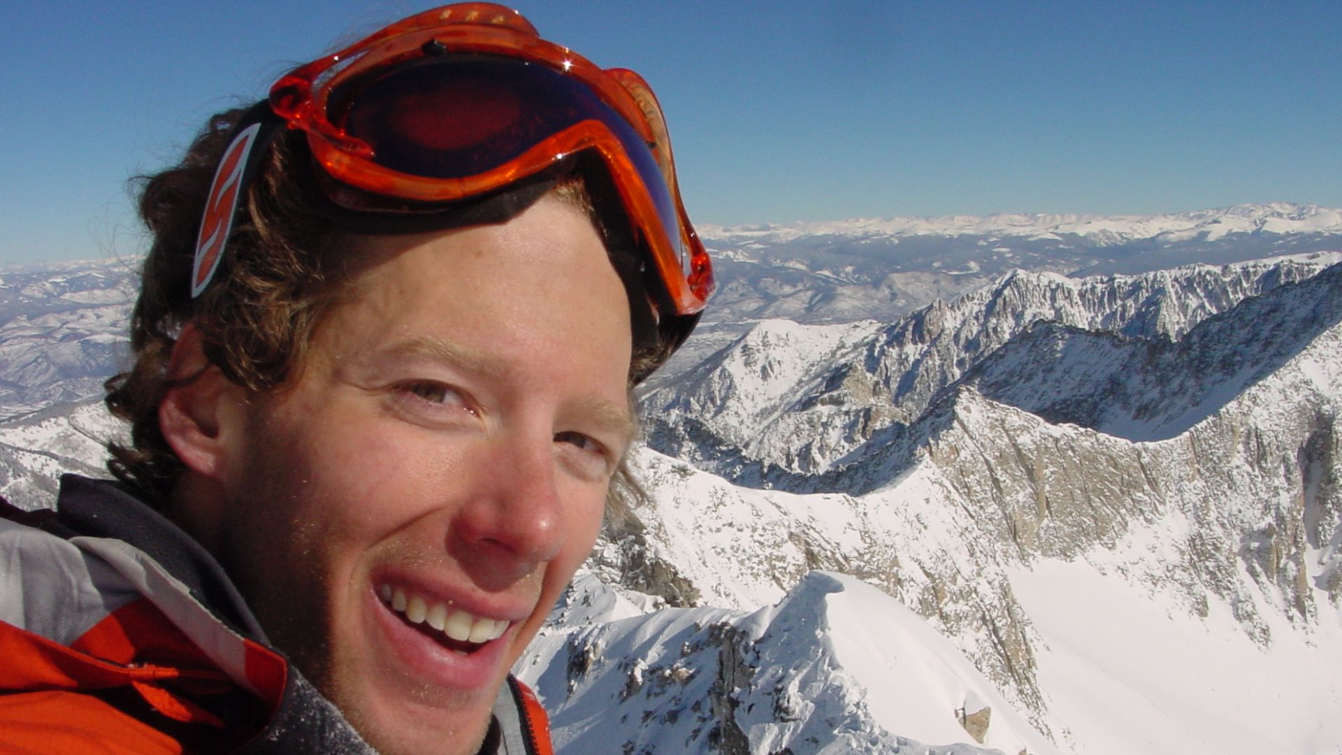 Self-portrait of American mountaineer Aron Ralston on the 14,137-foot-high summit of Capitol Peak, in Pitkin County, Colorado, USA, on February 7th, 2003.