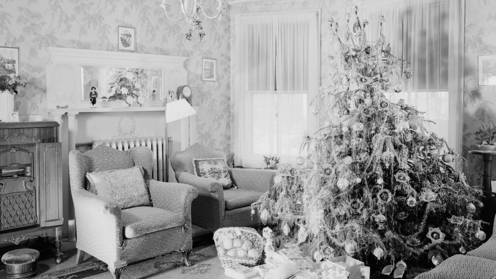 grayscale photo of living room