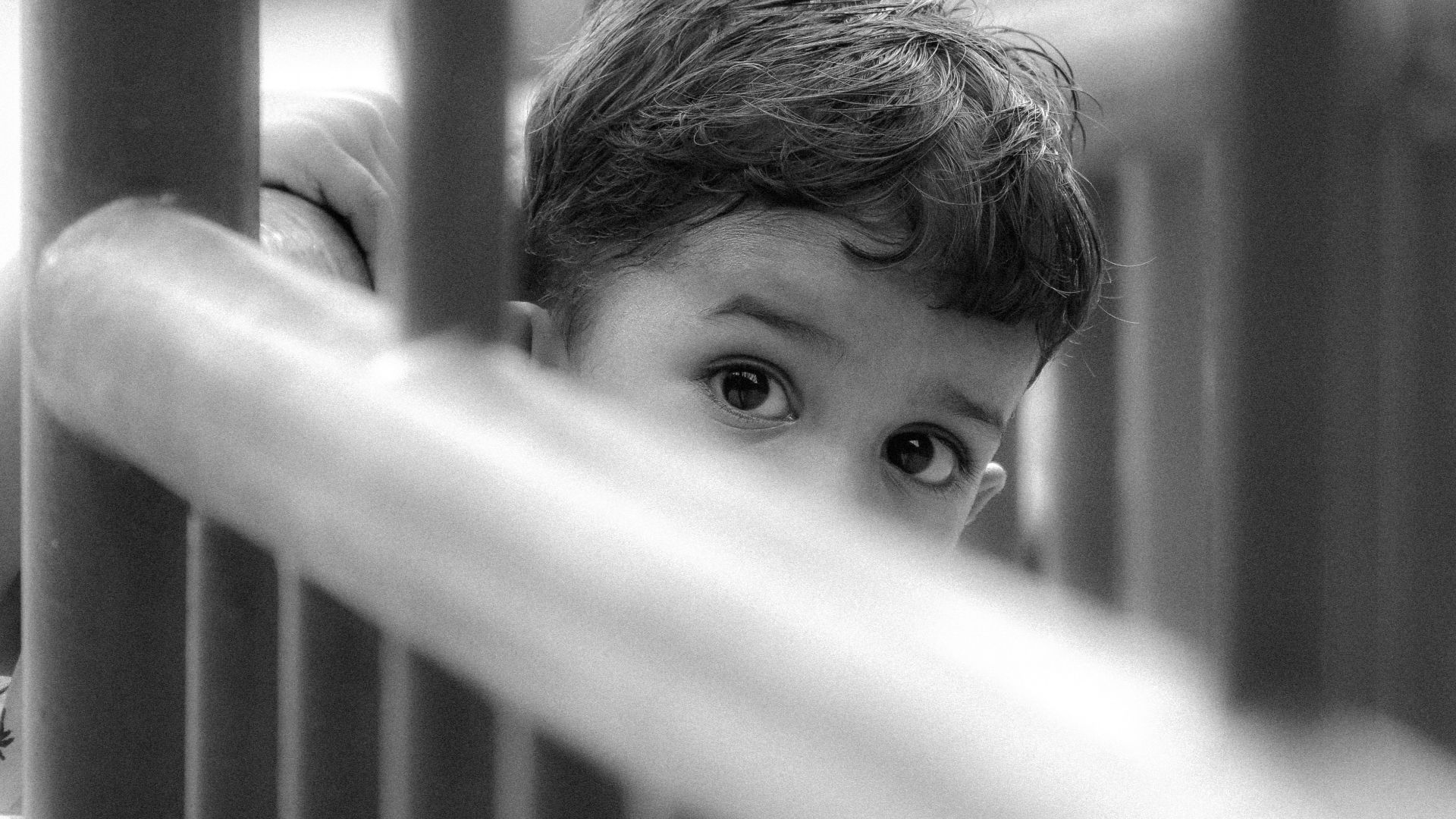 A young boy peeking over a metal fence