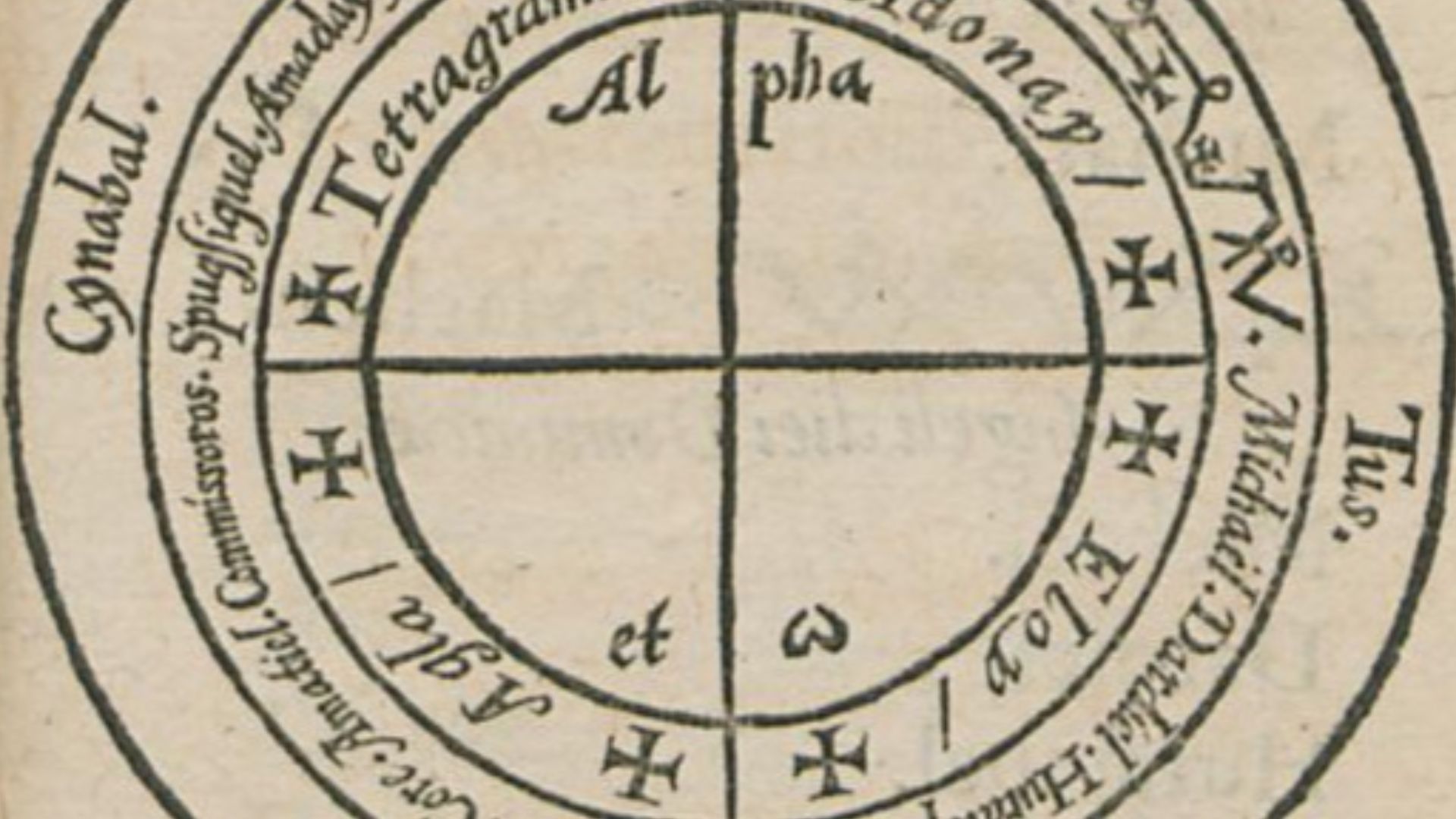 Diagram of the magic circle to be drawn for ceremonial magic, published in 1565 in Pseudo-Peter de Abano's grimoire Heptameron.