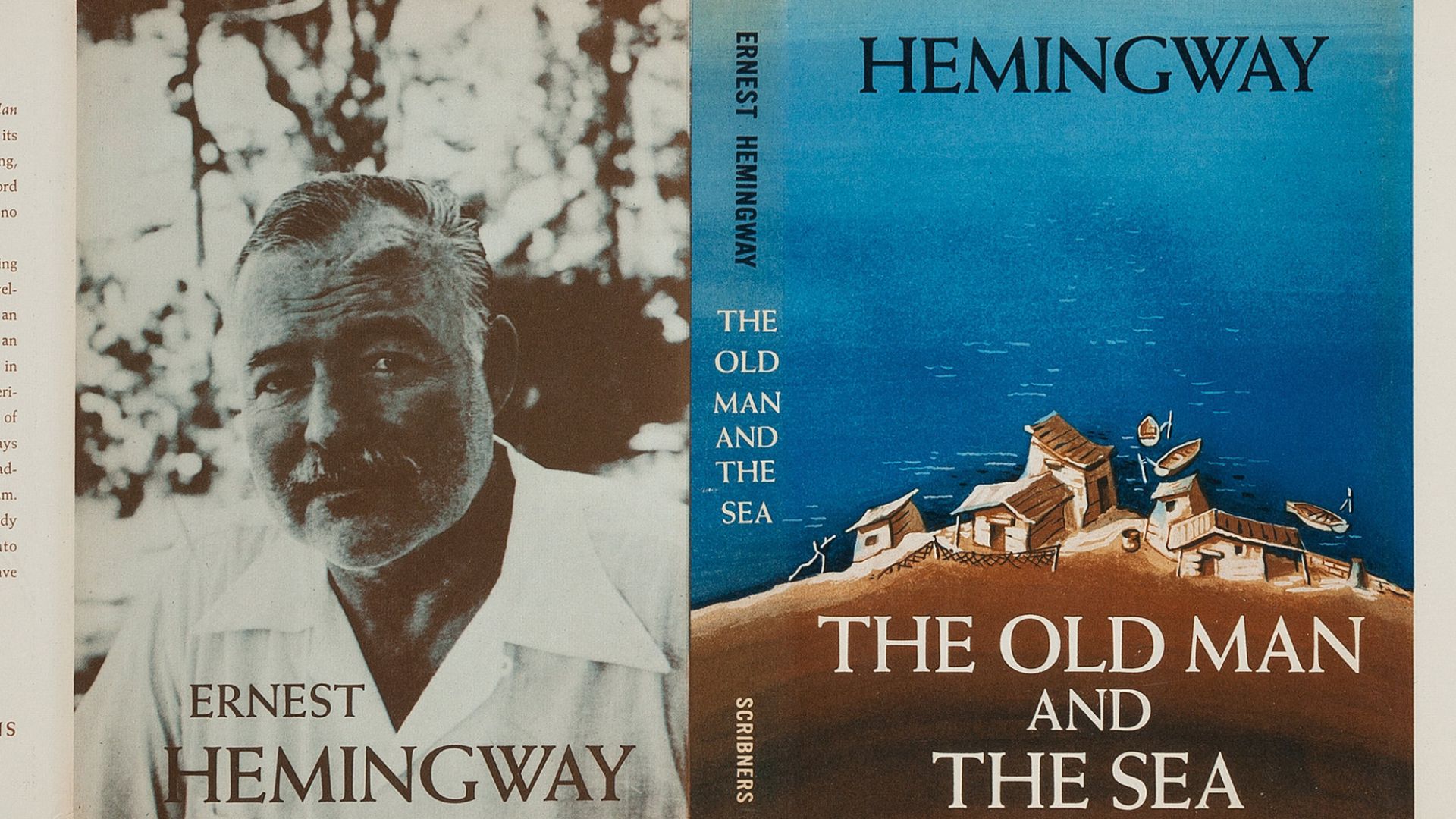 Dust jacket of the first edition of The Old Man and the Sea by Ernest Hemingway. No copyright markings on the dust jacket, which required a separate notice from the book itself.