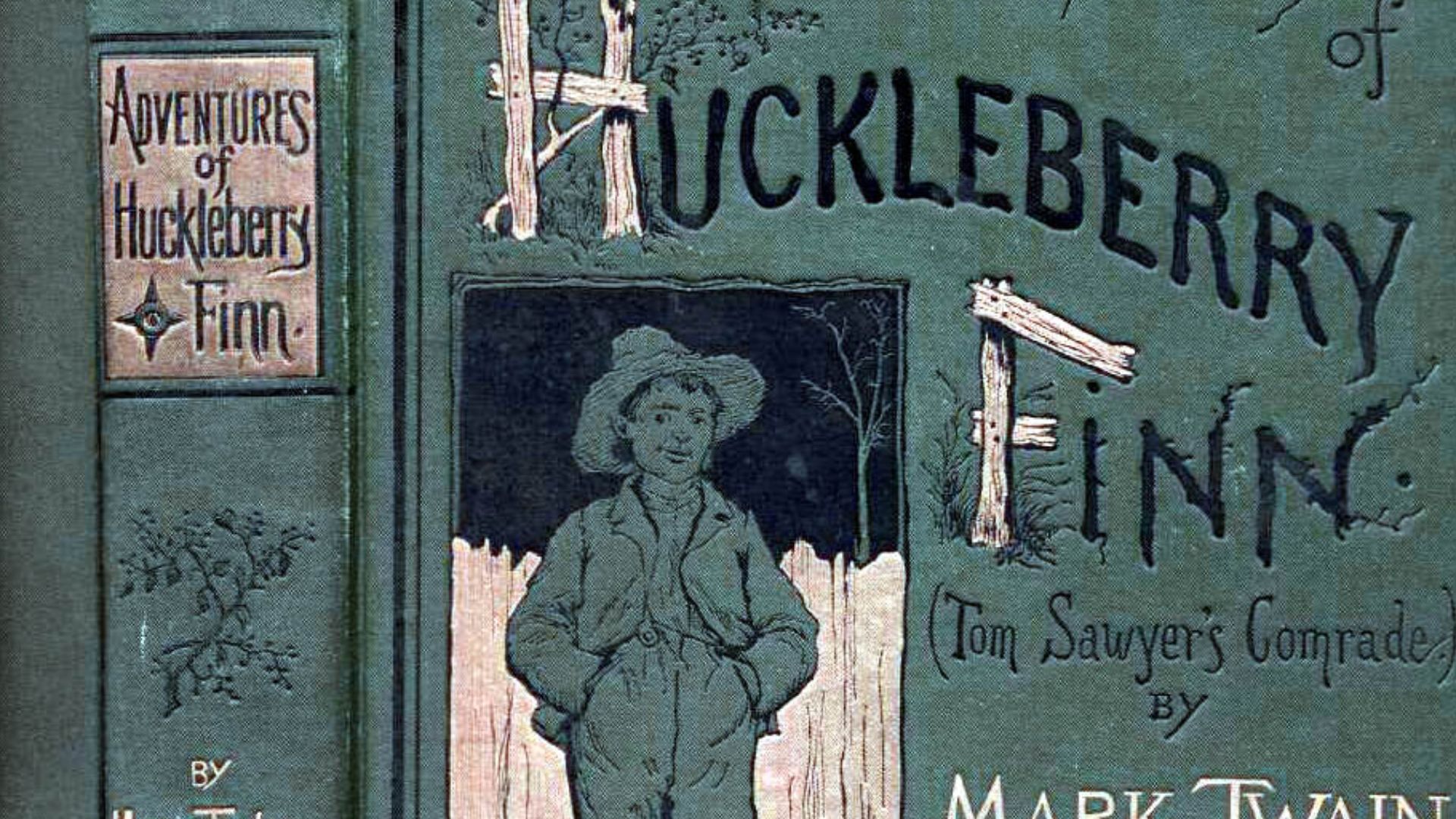 Cover of Adventures of Huckleberry Finn from the second (first US-published) 1885 edition of the book.