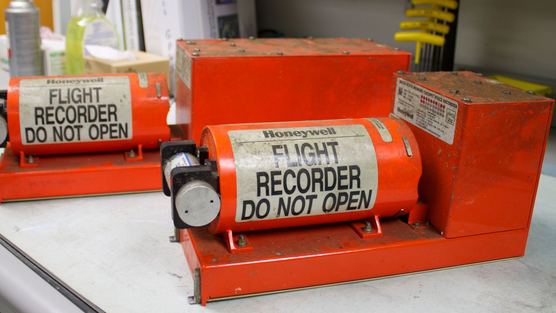 Asiana Airlines Flight 214's flight data recorder (left) and cockpit voice recorder (right) in NTSB's Washington lab.