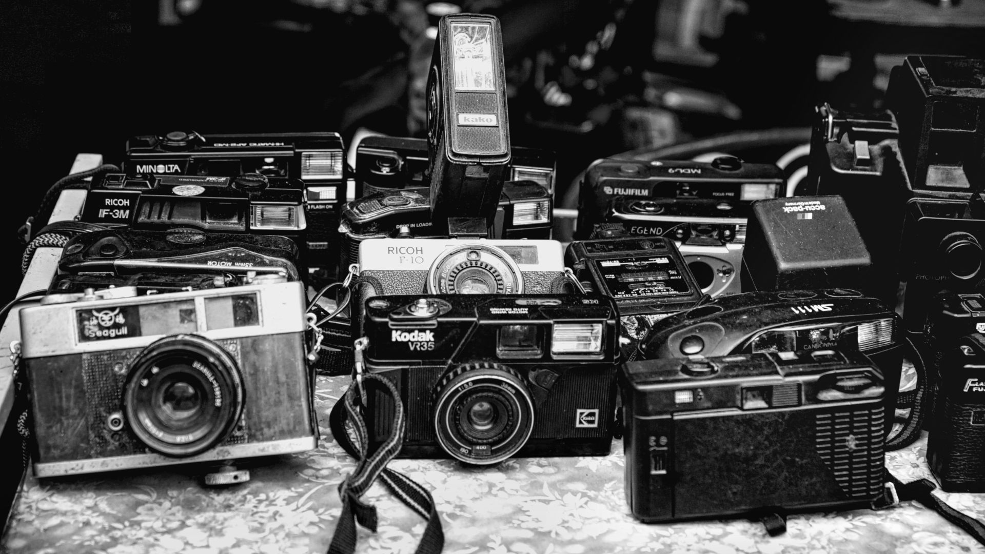 Black and white photo showcasing various vintage film cameras on a display table.