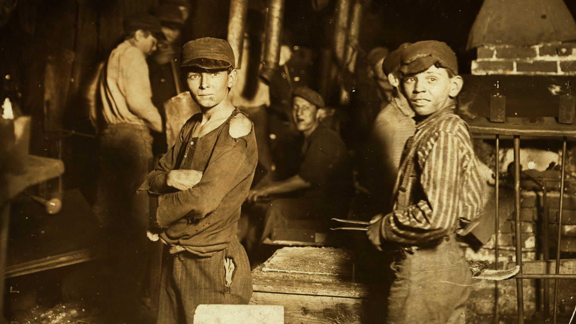 Glass works. Midnight. Location: Indiana. Photograph by Lewis Wickes Hine, April 1908.

From the National Child Labor Committee Collection at the Library of Congress