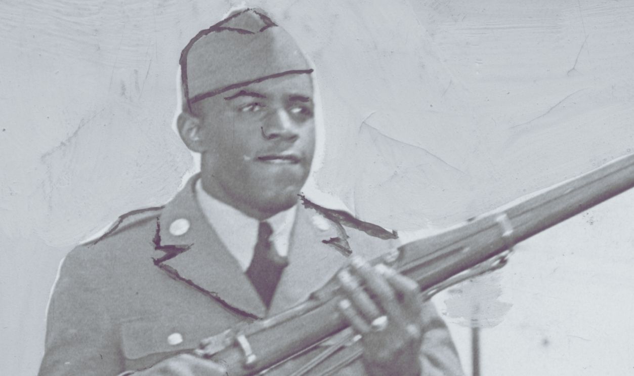 View of American baseball player Jackie Robinson (1919 - 1972), dressed in a military uniform, as he run with his rifle, April 21, 1945. This image is heavily retouched. 