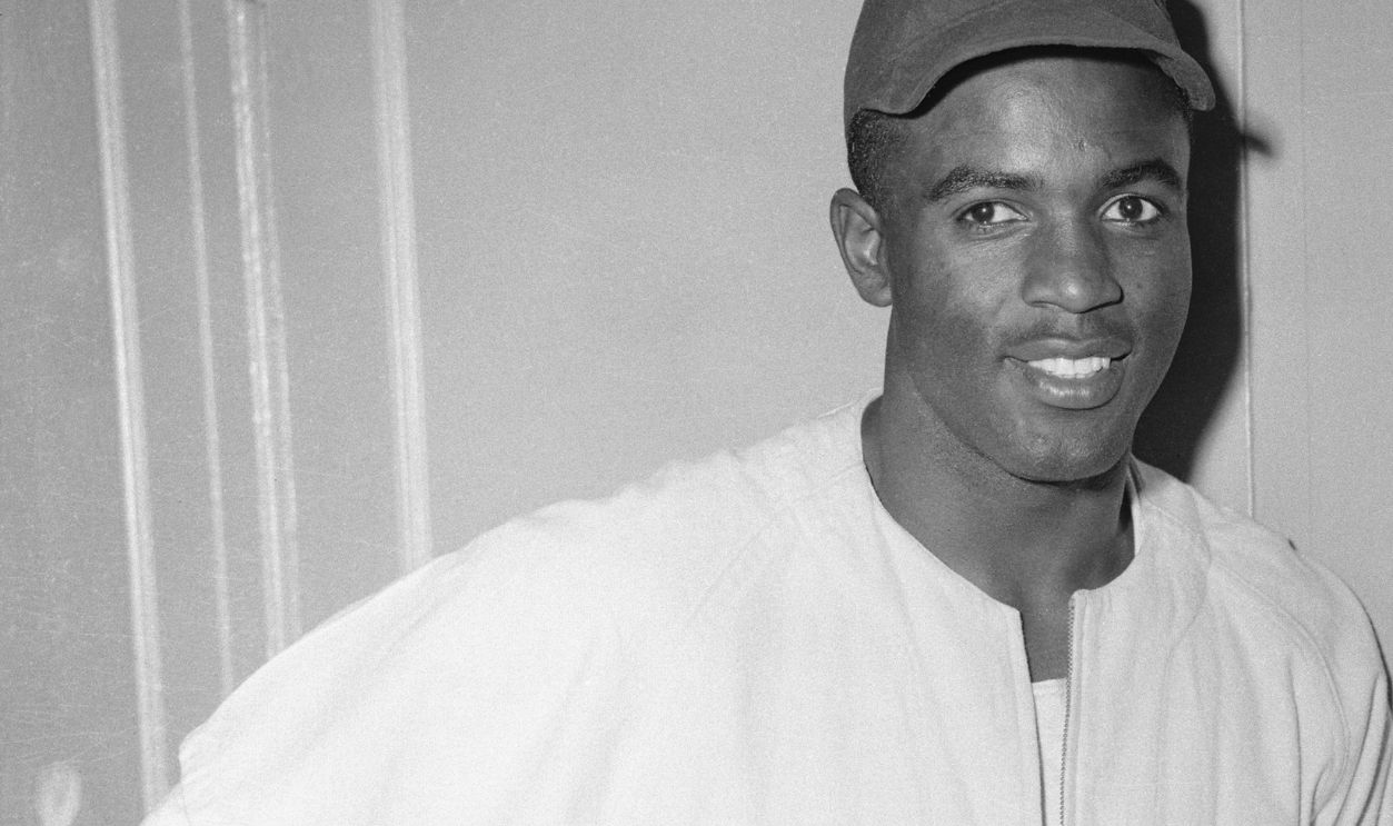 Close-up of baseball phenom Jackie Robinson, of the Brooklyn Dodgers.