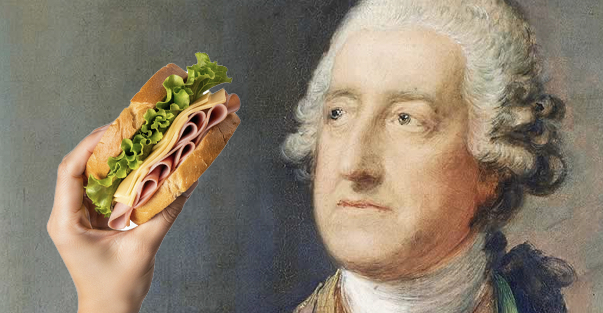 A hand holding a sandwich next to John Montagu, the 4th Earl of Sandwich