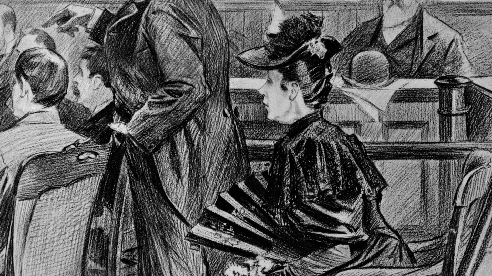 The Borden murder trial—A scene in the court-room before the acquittal - Lizzie Borden, the accused, and her counsel, Ex-Governor Robinson. Illustration in Frank Leslie's illustrated newspaper, v. 76 (1893 June 29), p. 411.