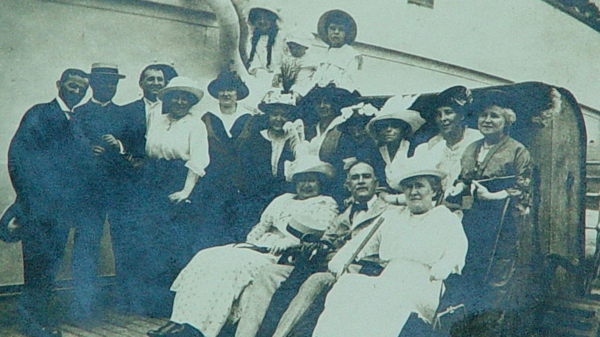 Rare on-deck image of passengers on RMS Carpathia during a 1914 overseas tour led by Father Blasius Zeiser, OSA.   Carpathia rescued the Titanic disaster survivors in 1912.   The Titanic-rescue-voyage's captain's last year of service was 1914.   Carpathia