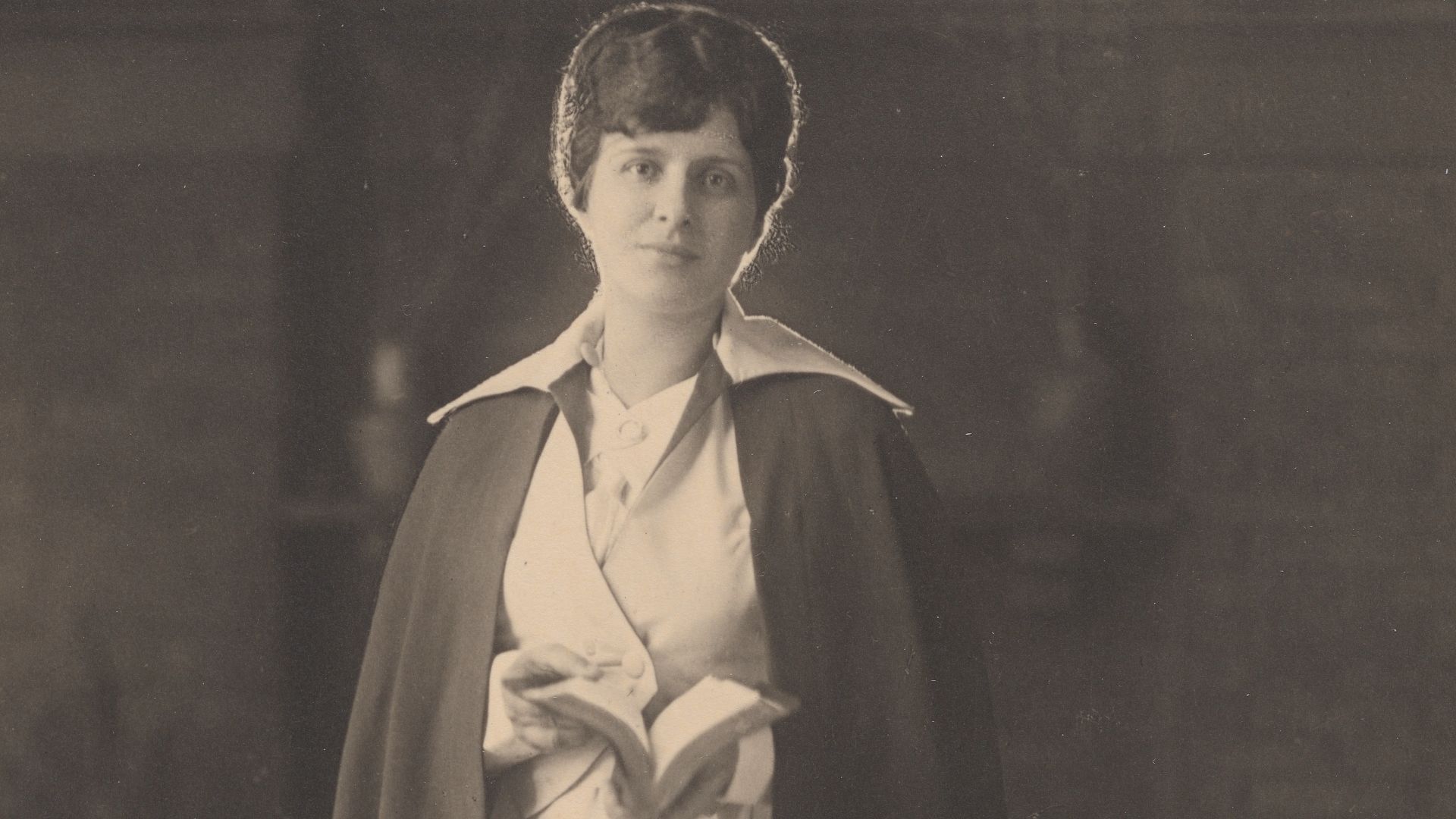 Aimee Semple McPherson by the Gerhard Sisters Studio, c. 1921, gelatin silver print, from the National Portrait Gallery which explicitly released this digital photograph under the CC0 license. (https://npg.si.edu/object/npg_NPG.89.57)