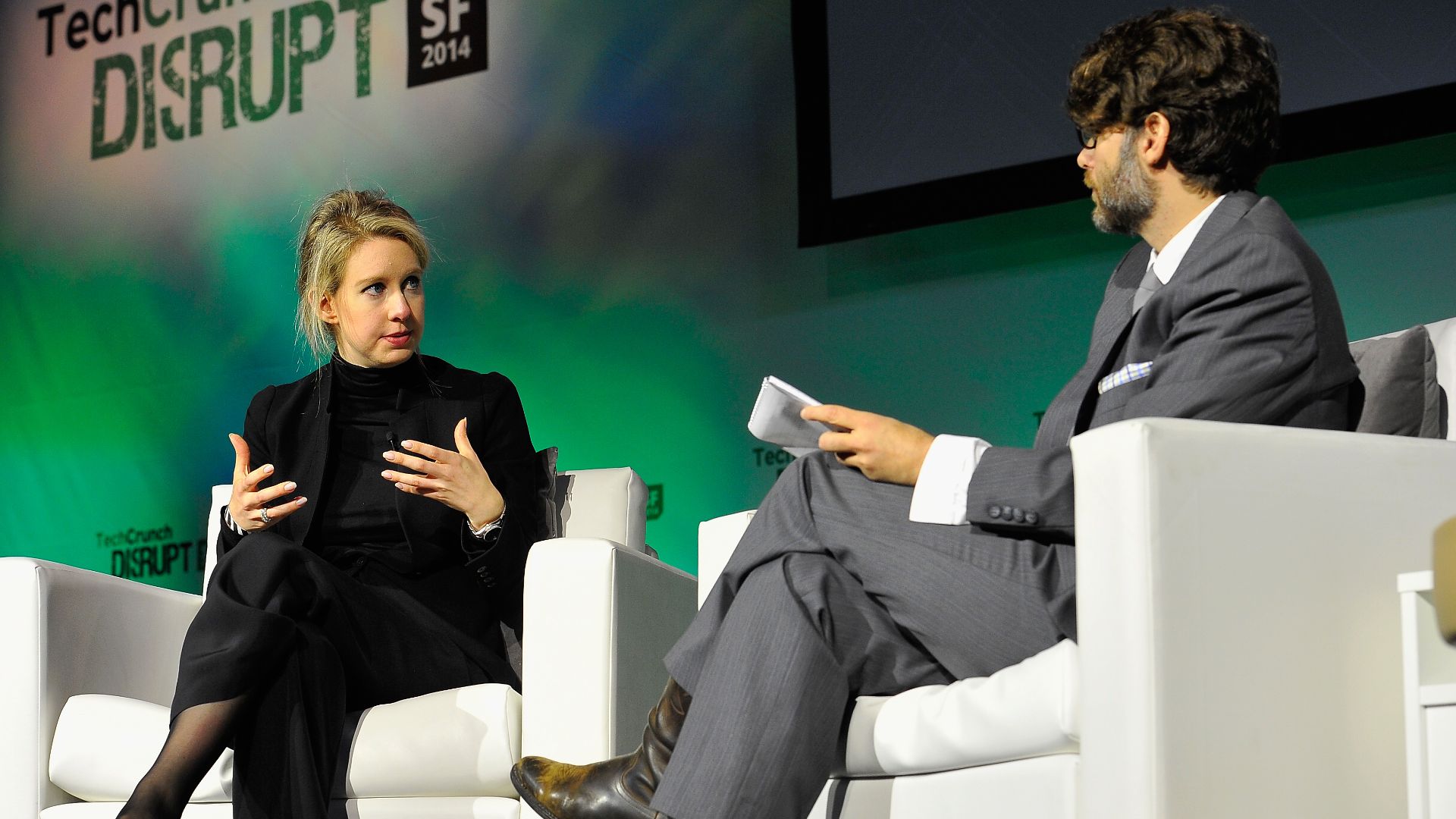 SAN FRANCISCO, CA - SEPTEMBER 08: Theranos Chairman, CEO and Founder Elizabeth Holmes (L) and TechCrunch Writer and Moderator Jonathan Shieber speak onstage at TechCrunch Disrupt at Pier 48 on September 8, 2014 in San Francisco, California. (Photo by St