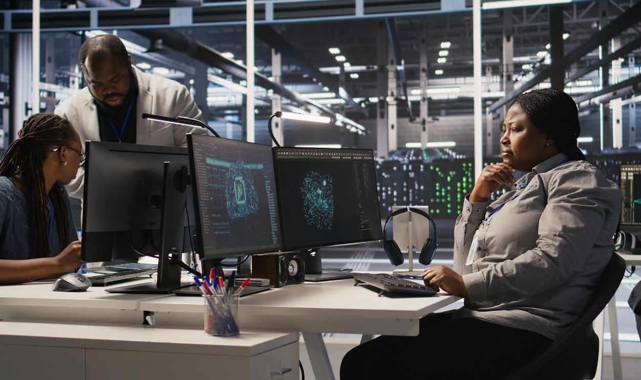 Woman in data center doing software updates, verifying machine learning parameters. Server farm IT expert using PC to inspect configurations, ensuring optimal application performance, camera A