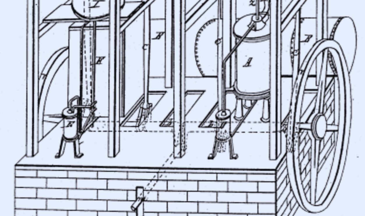 Diagram of John Gorrie's Ice Machine. From U.S. Patent 8080, May 6, 1851 
