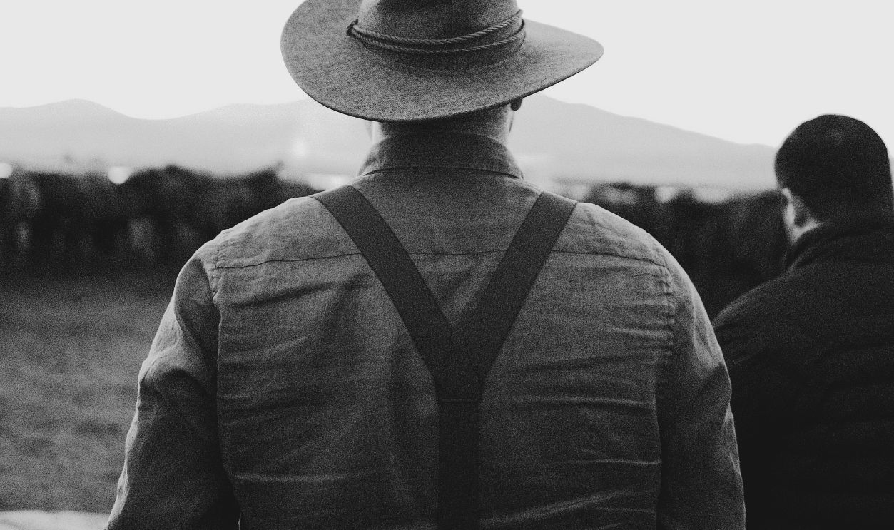 A man wearing a fedora hat and suspenders look towards a pasture, evoking rustic style